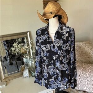 WHBM black blue paisley Boho western semi sheer button down shirt 8 M L